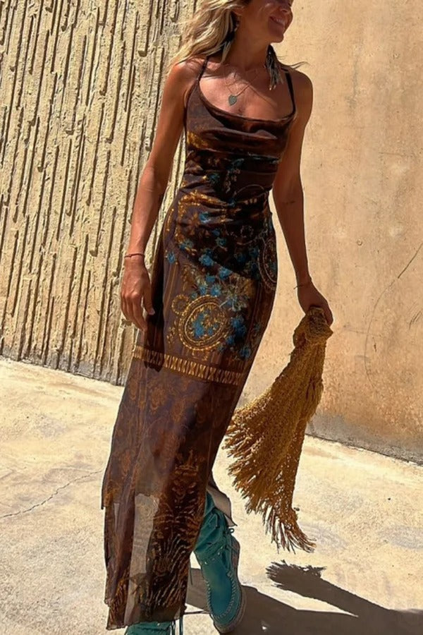 Lynor™ | Unique Print, Loose Neckline & Back Ties Midi Dress