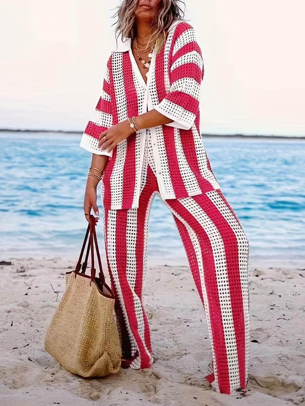 Lynor™ | Cutout Striped Shirt & Wide-Leg Pants Two-Piece Set