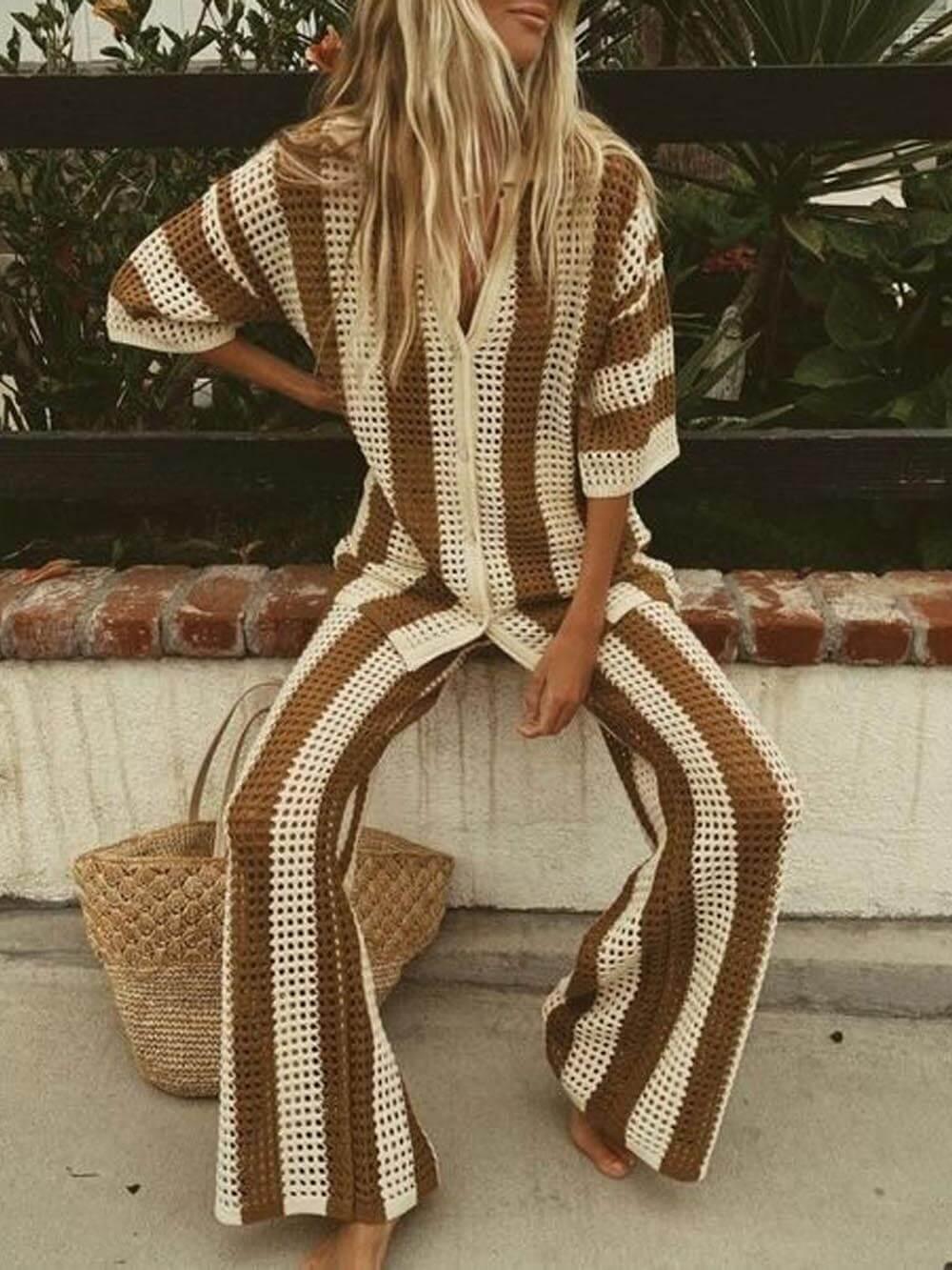 Lynor™ | Cutout Striped Shirt & Wide-Leg Pants Two-Piece Set