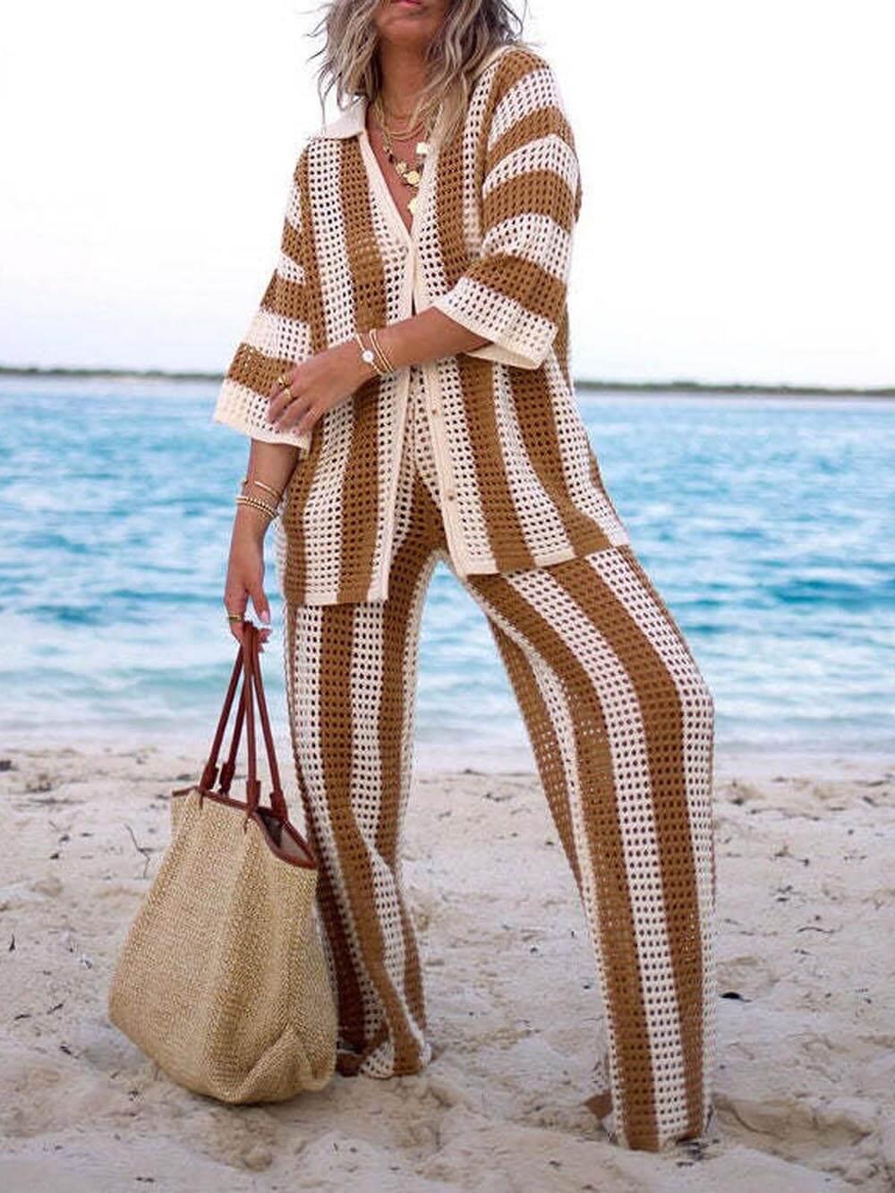 Lynor™ | Cutout Striped Shirt & Wide-Leg Pants Two-Piece Set
