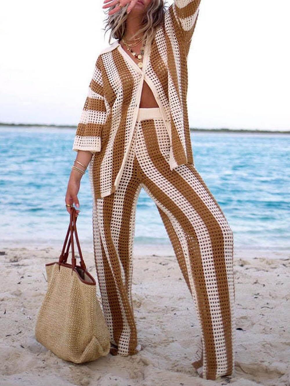 Lynor™ | Cutout Striped Shirt & Wide-Leg Pants Two-Piece Set