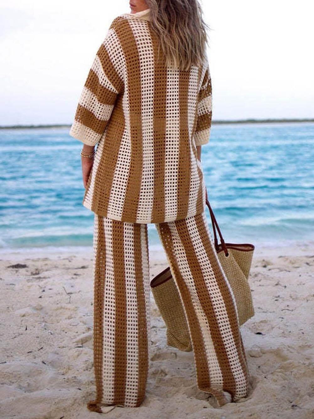 Lynor™ | Cutout Striped Shirt & Wide-Leg Pants Two-Piece Set