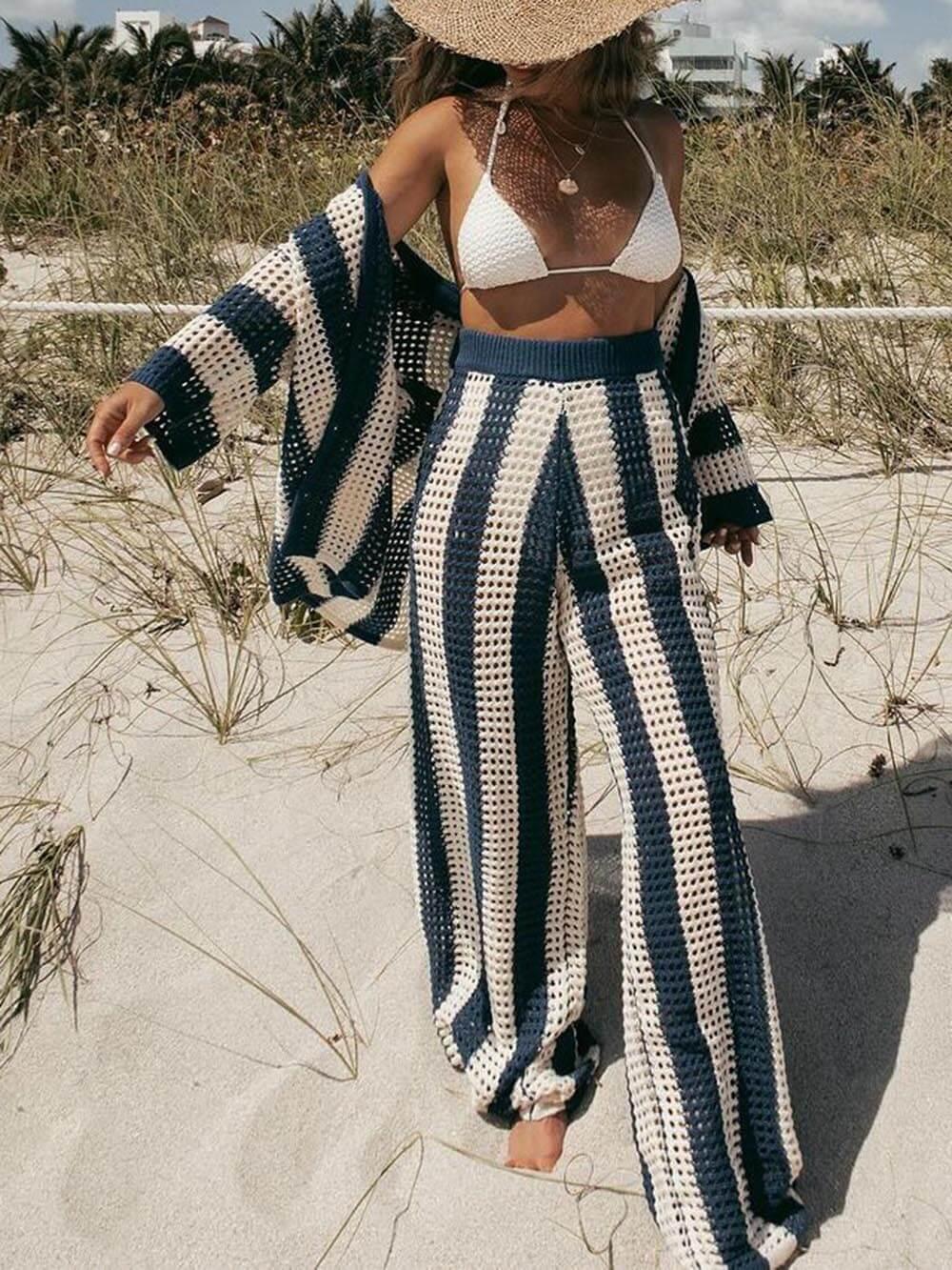Lynor™ | Cutout Striped Shirt & Wide-Leg Pants Two-Piece Set