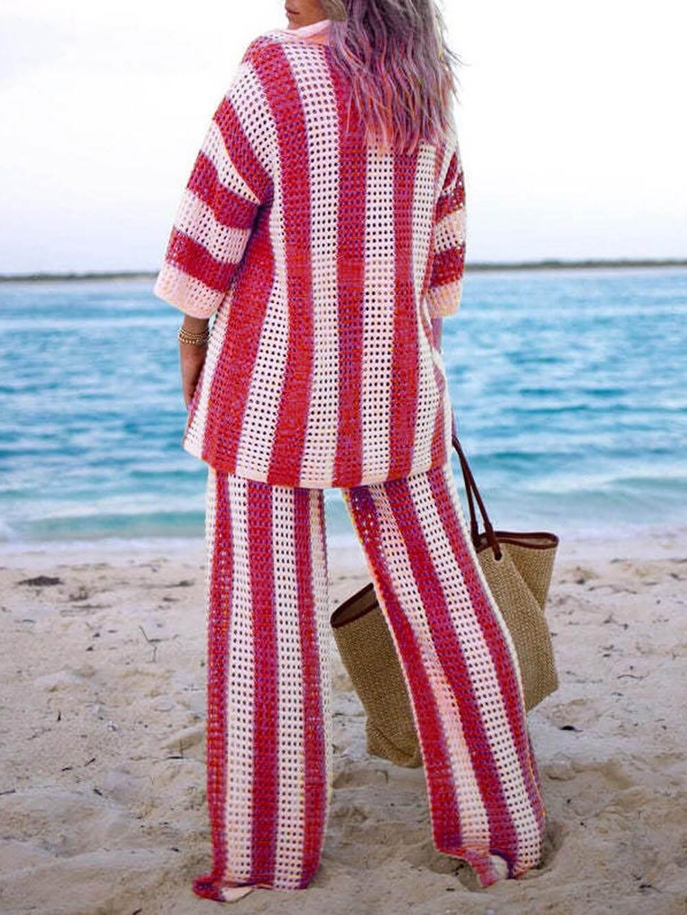 Lynor™ | Cutout Striped Shirt & Wide-Leg Pants Two-Piece Set