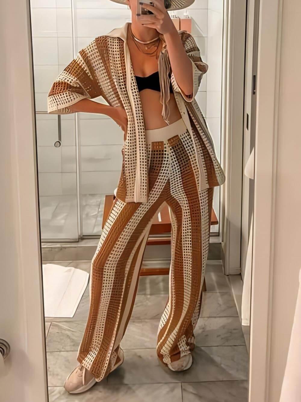 Lynor™ | Cutout Striped Shirt & Wide-Leg Pants Two-Piece Set