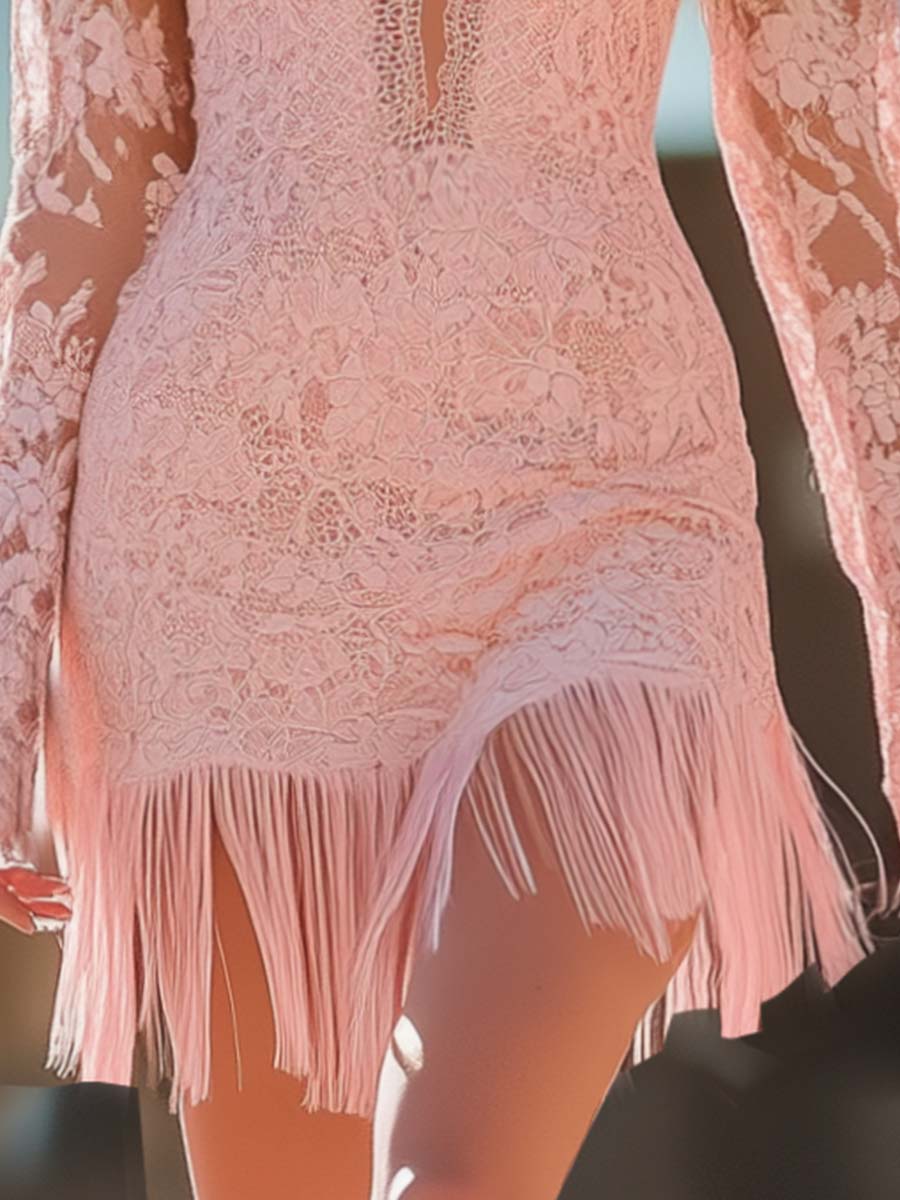 Lynor™ | Trendy Western Spaghetti Strap Off-Shoulder Pink Lace Mini Dress with Tassel Hem