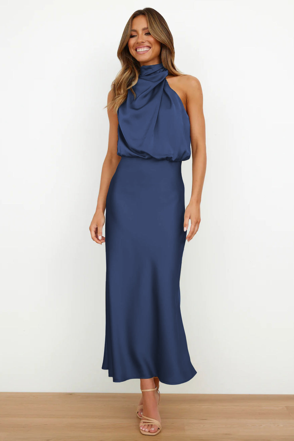 Lynor™ | Satin Halter Neck Maxi Dress – Luxurious Shine with Elegant Draping
