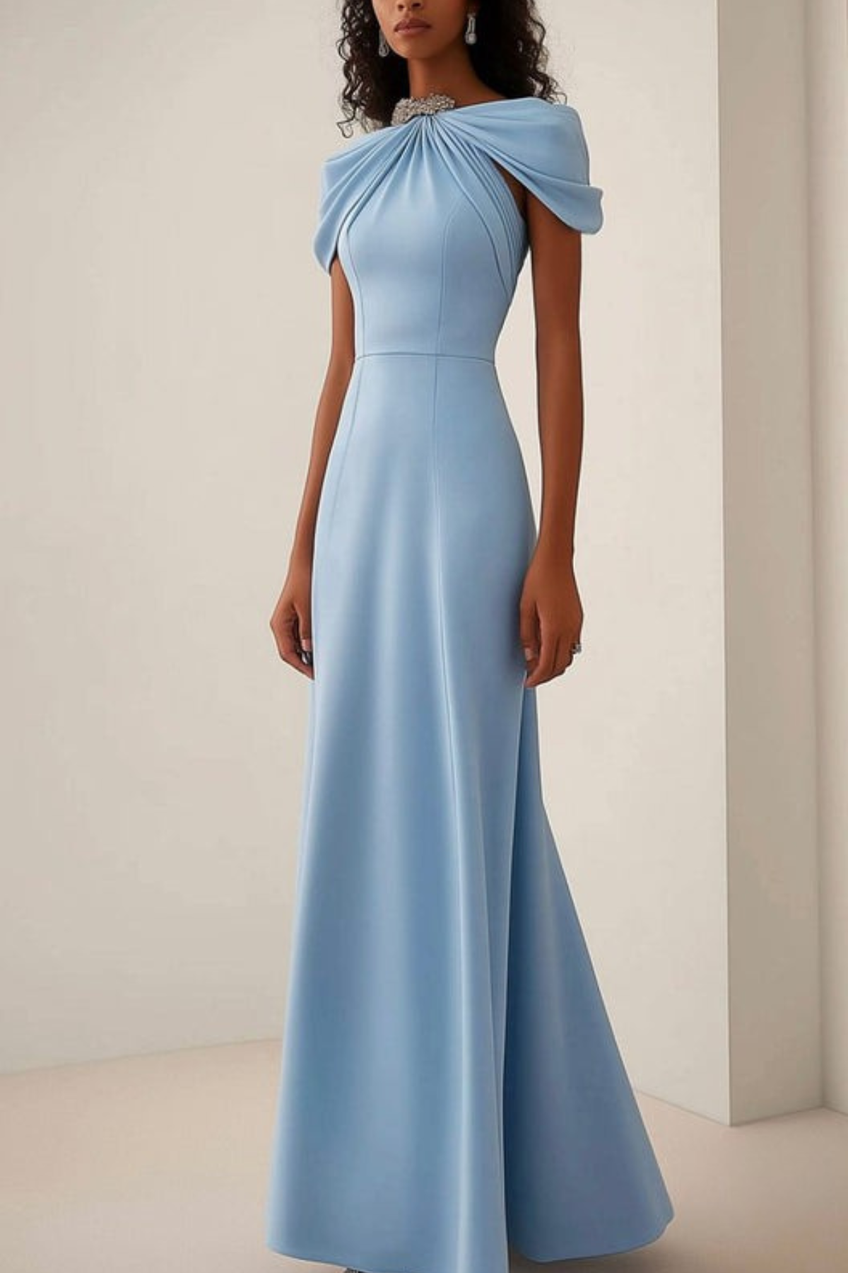 Lynor™ | Light Blue Dress – Chic Neckline & Bow Detail