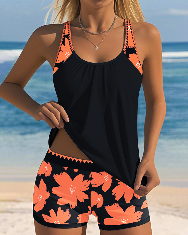 Lynor™ | Sleeveless Tankini – U-Neck & Boxer Pattern