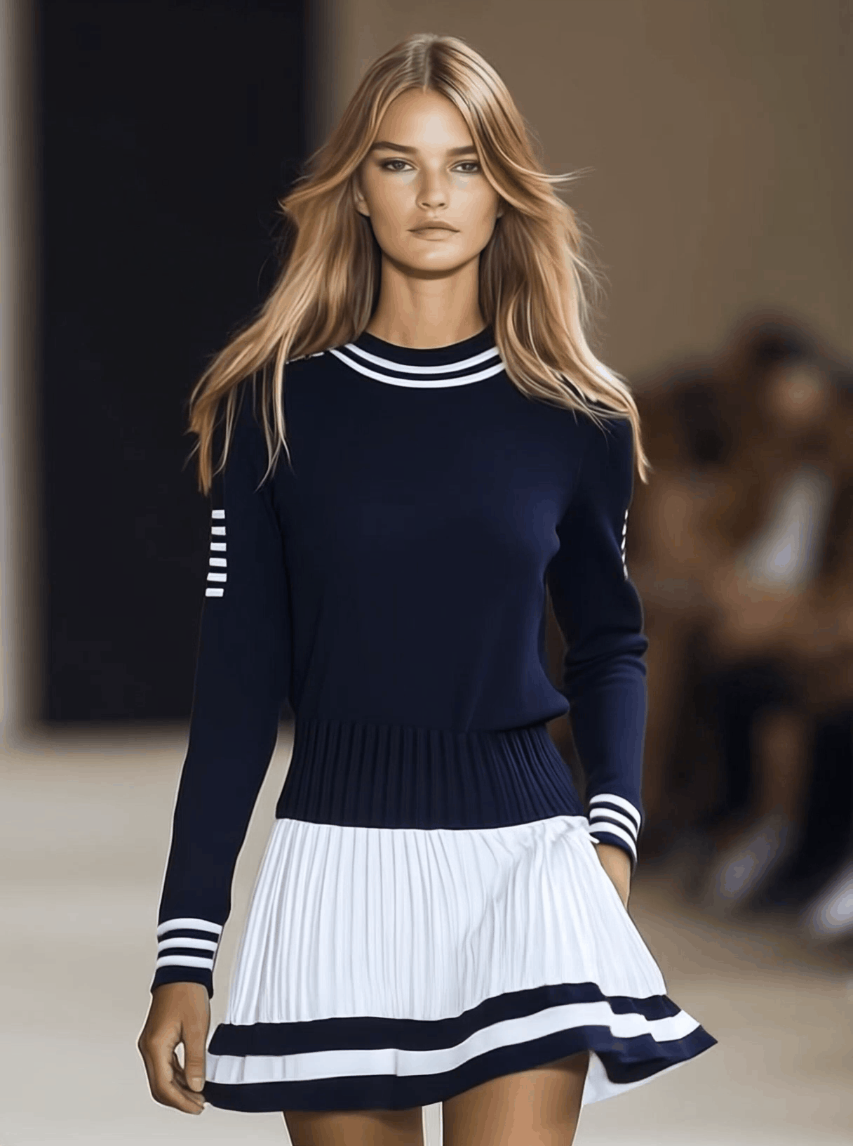 Lynor™ | Trendy Sporty Style Round Neck Navy & White Contrast Mini Dress
