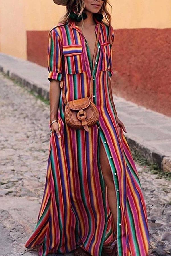 Lynor™ | Multicolored Stripes & Boho Style Long Dress