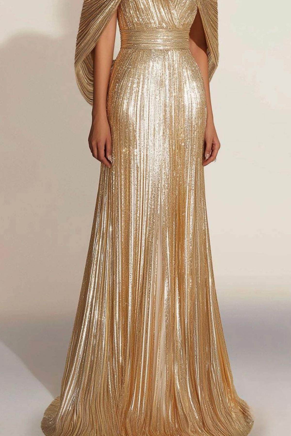 Lynor™ | Golden Pleated Evening Dress with Cape