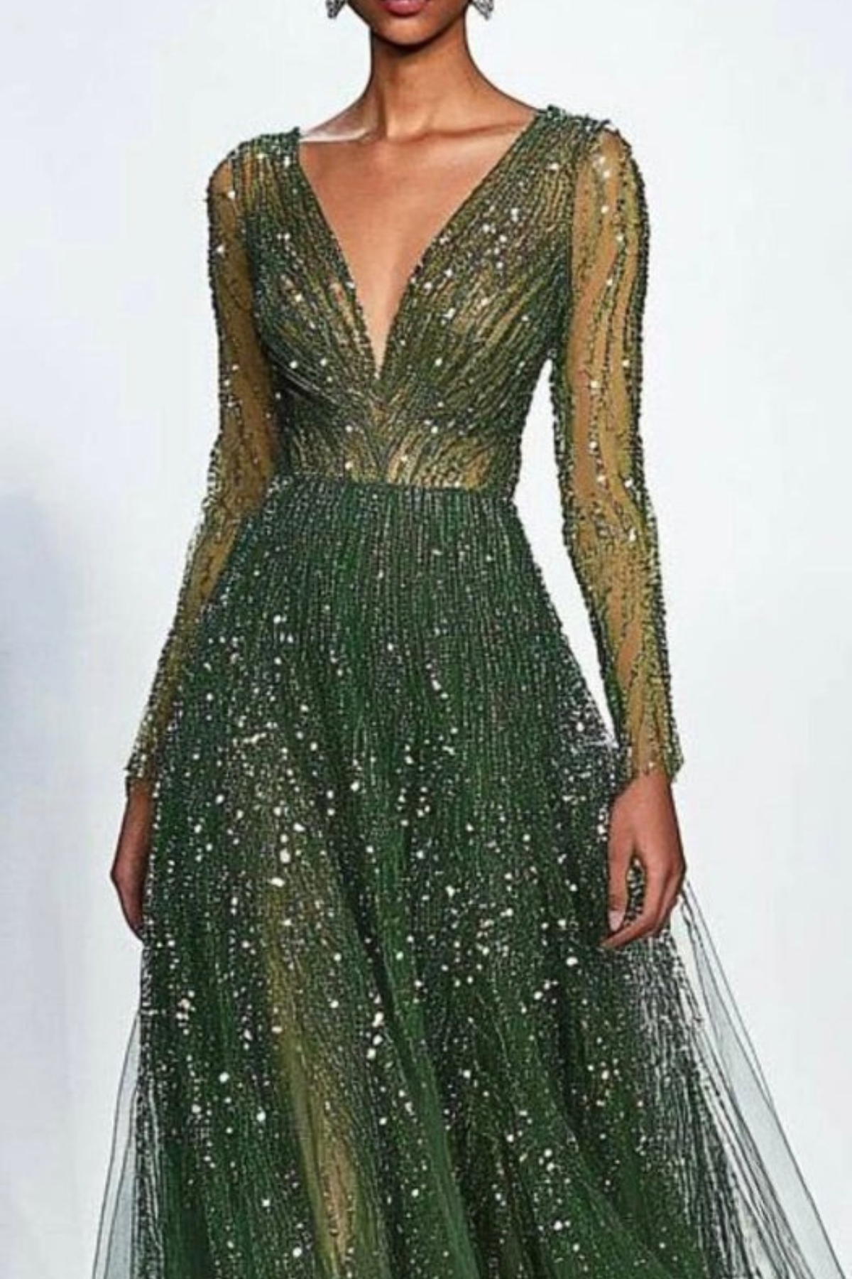 Lynor™ | Deep Green Gala Dress – Sequins & Long Sleeves