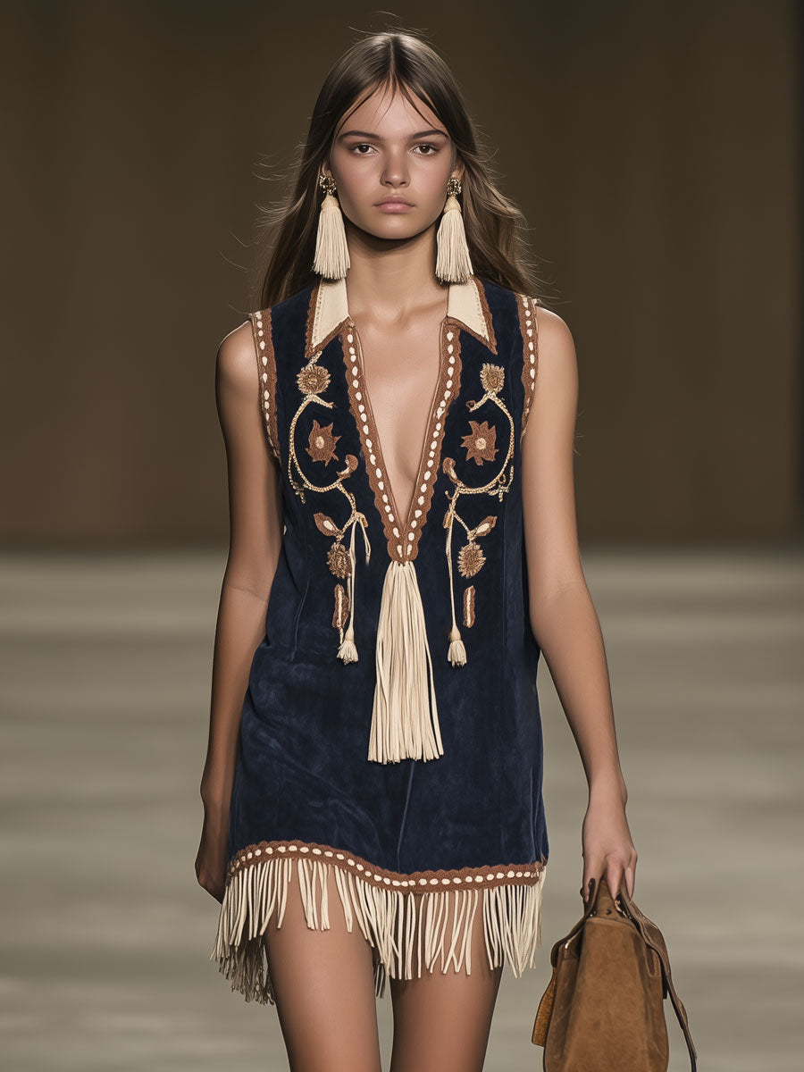Lynor™ | Casual Loose Vintage Suede Bohemian Embroidered Tassel Sleeveless Mini Dress