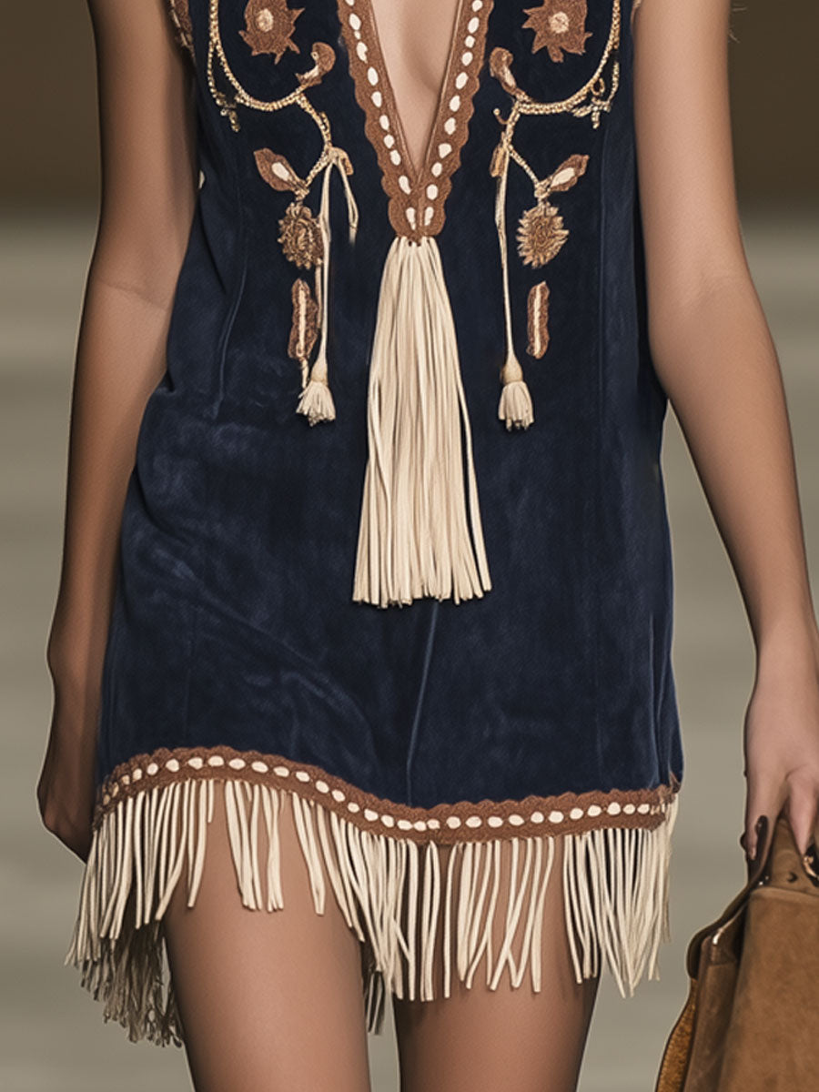 Lynor™ | Casual Loose Vintage Suede Bohemian Embroidered Tassel Sleeveless Mini Dress