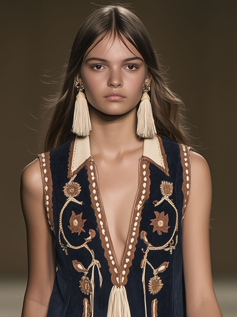 Lynor™ | Casual Loose Vintage Suede Bohemian Embroidered Tassel Sleeveless Mini Dress