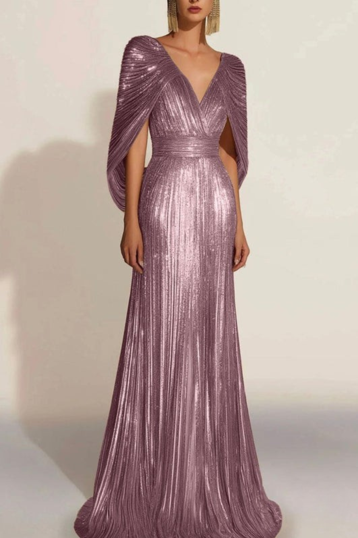 Lynor™ | Golden Pleated Evening Dress with Cape