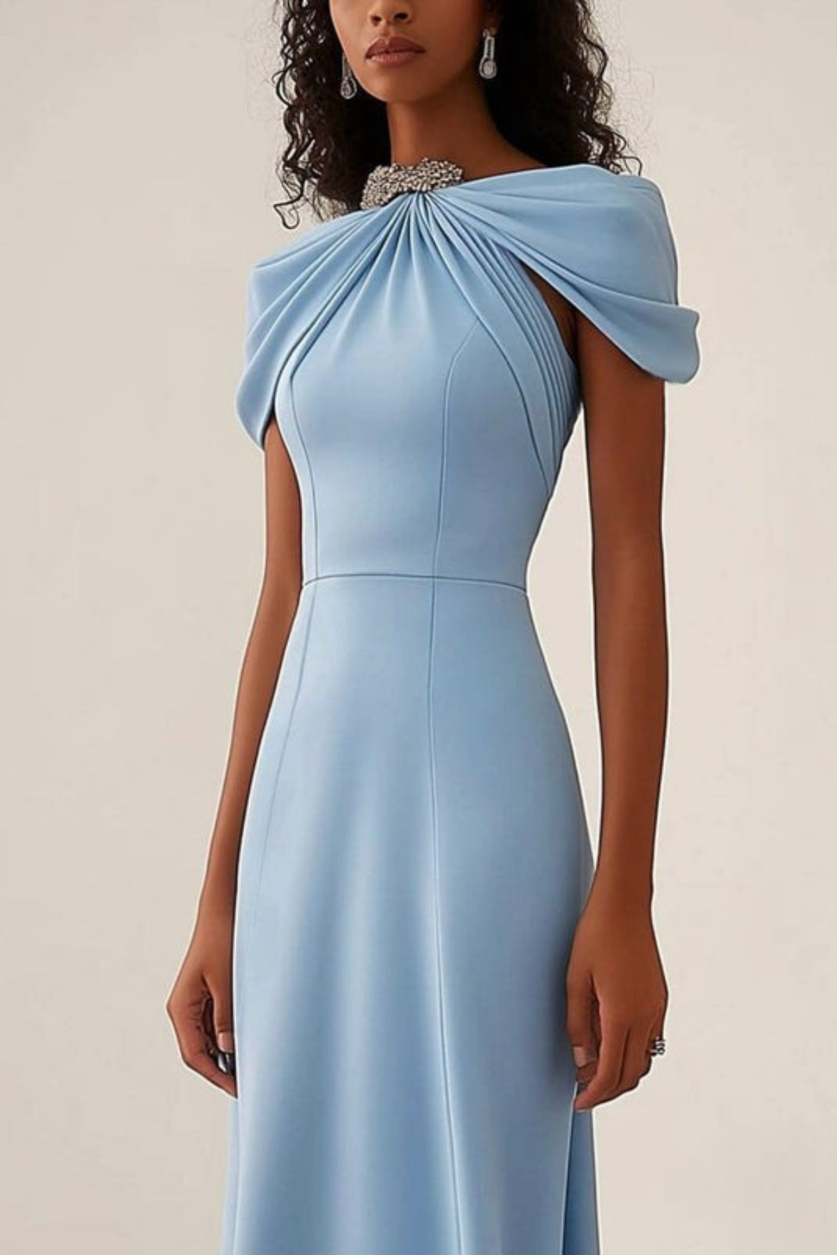 Lynor™ | Light Blue Dress – Chic Neckline & Bow Detail