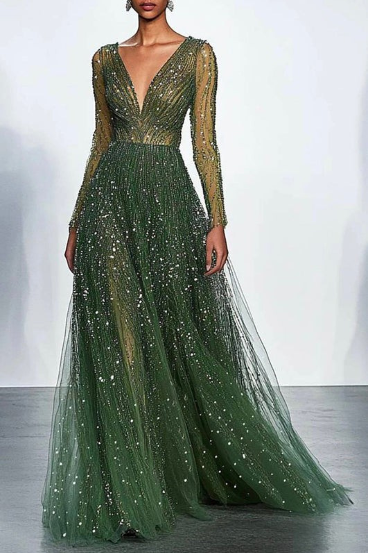 Lynor™ | Deep Green Gala Dress – Sequins & Long Sleeves
