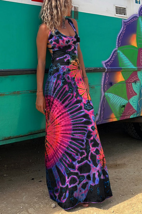 Lynor™ | Back Laces & Tie-Dye Pattern Long Dress (Built-in Bra)