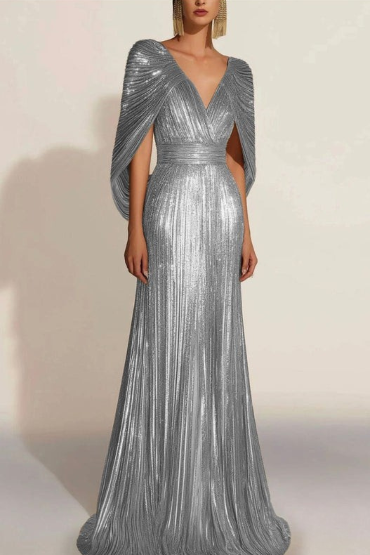 Lynor™ | Golden Pleated Evening Dress with Cape