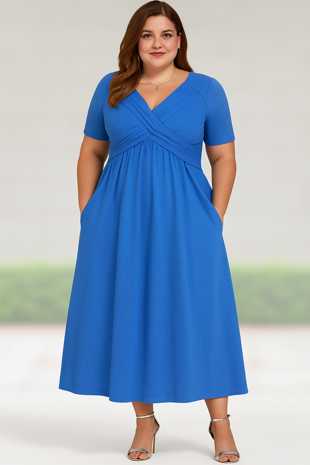 Lynor™ | V-Neck Pleated with Belly Coverage Midi Dress