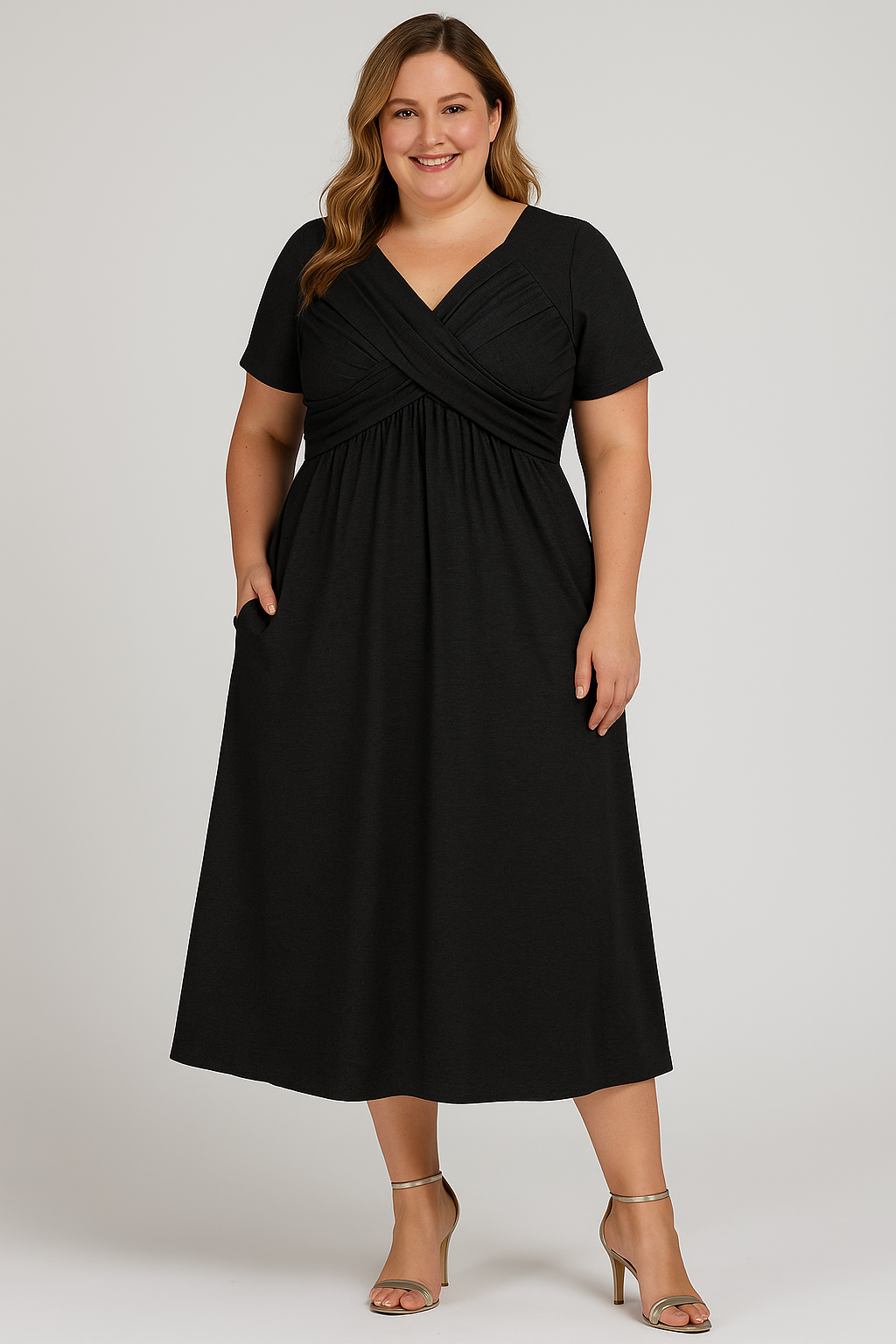 Lynor™ | V-Neck Pleated with Belly Coverage Midi Dress