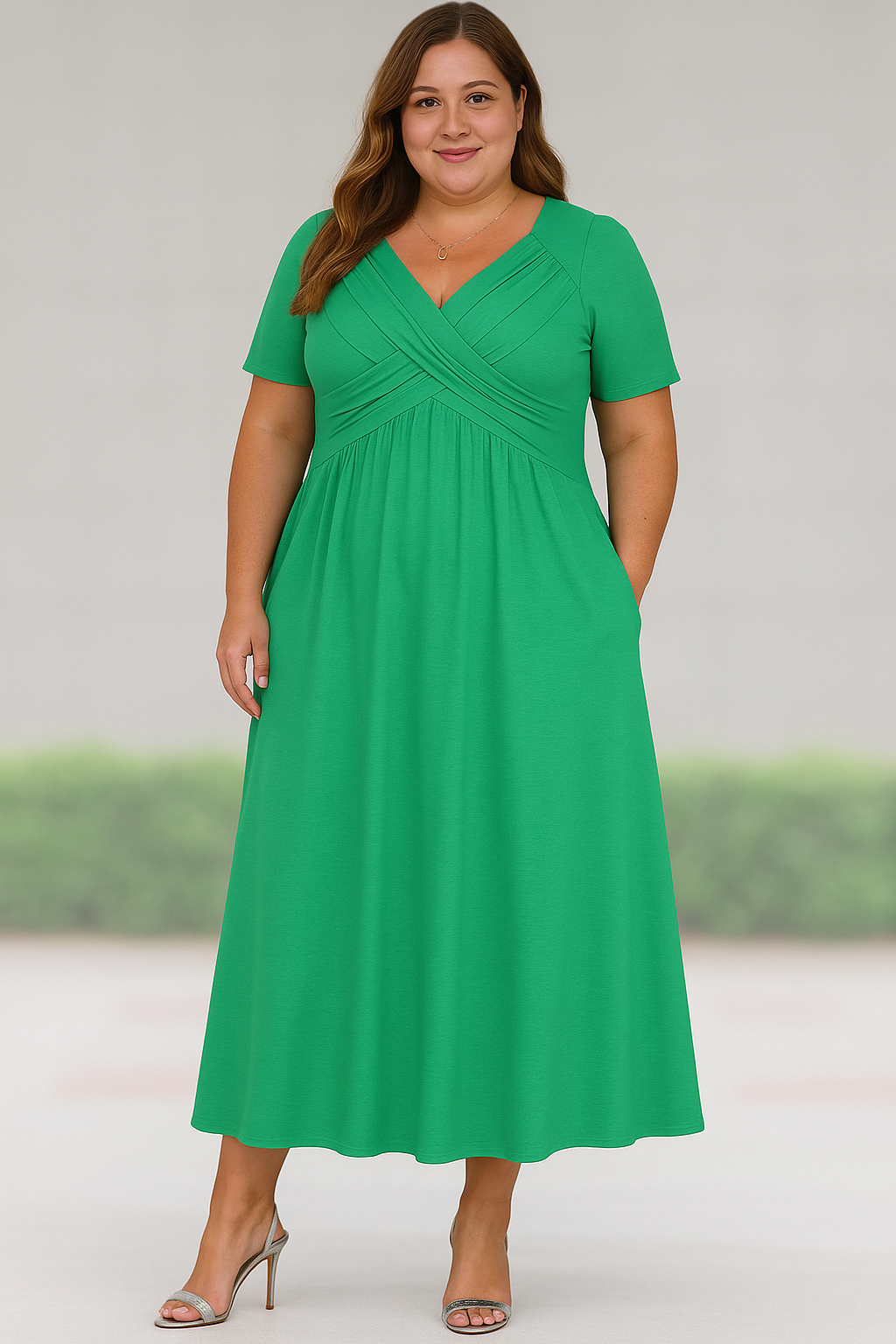 Lynor™ | V-Neck Pleated with Belly Coverage Midi Dress