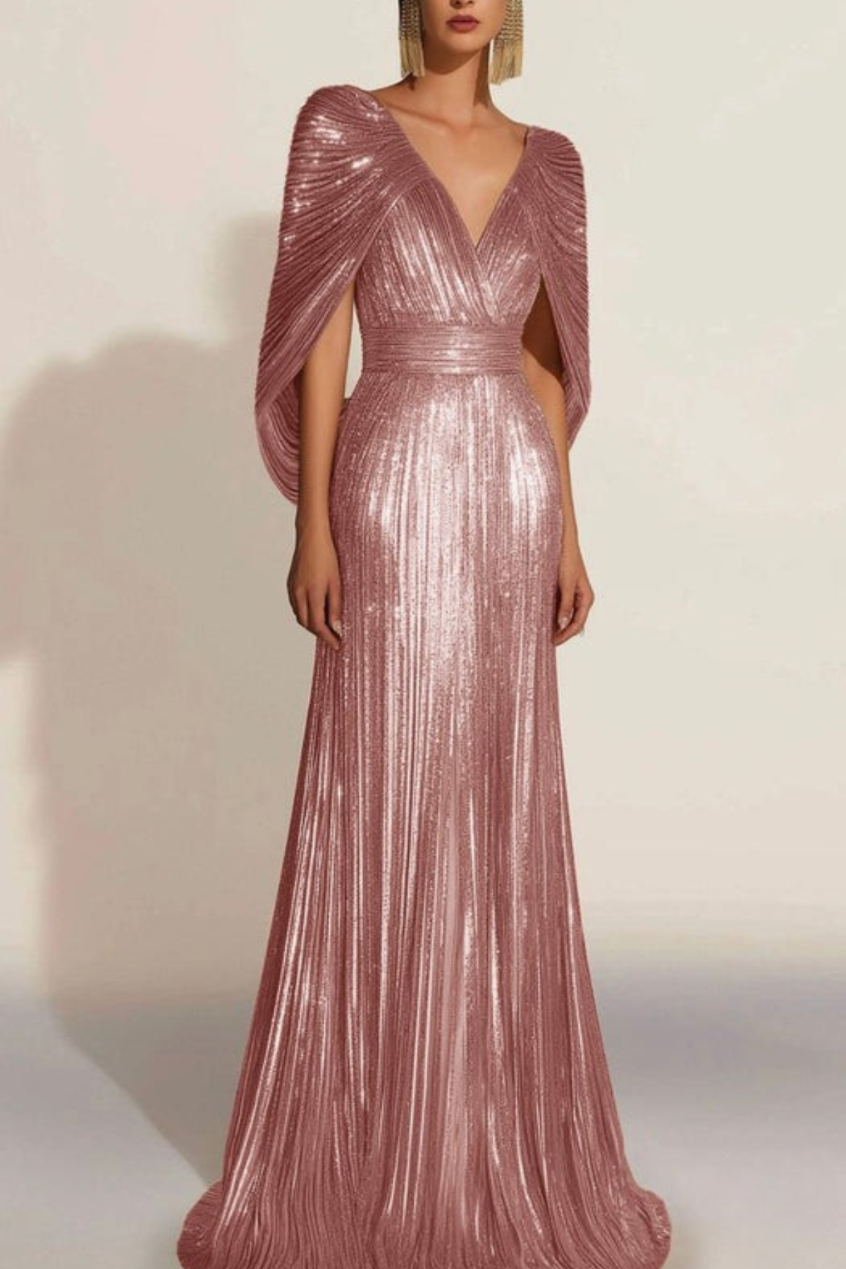 Lynor™ | Golden Pleated Evening Dress with Cape