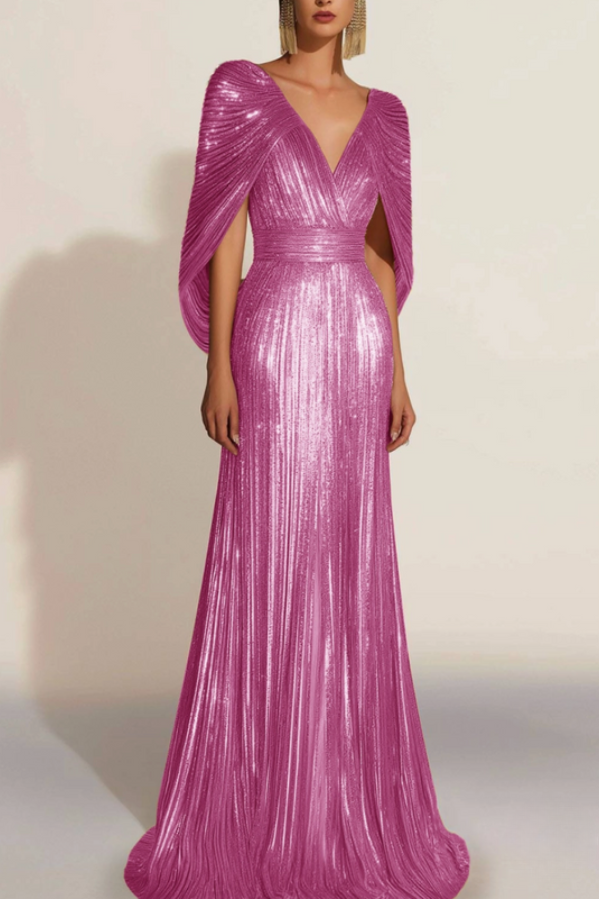 Lynor™ | Golden Pleated Evening Dress with Cape