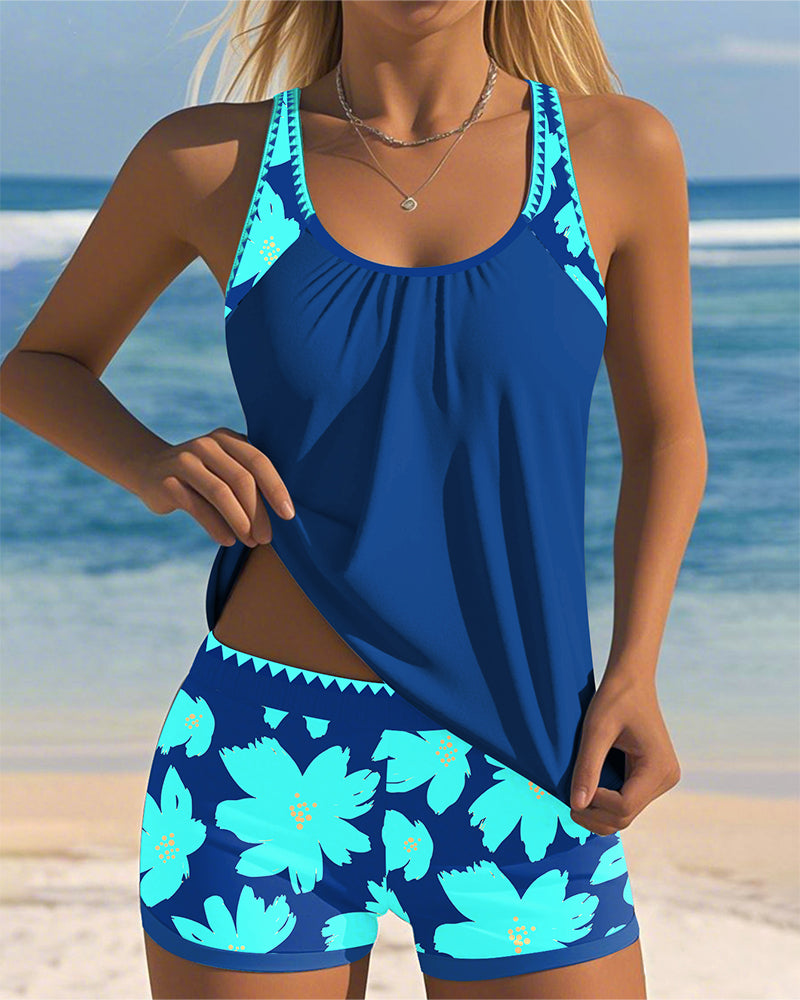 Lynor™ | Sleeveless Tankini – U-Neck & Boxer Pattern