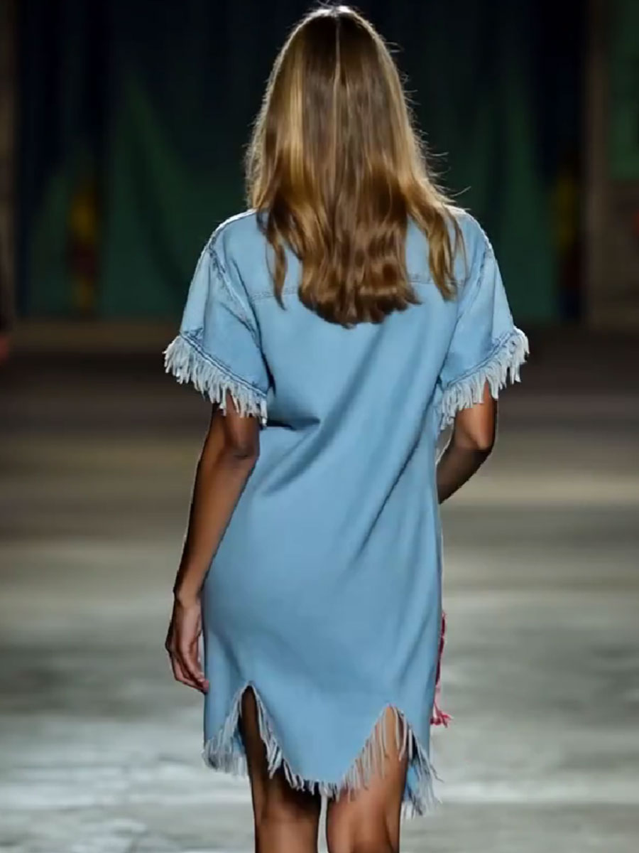 Lynor™ | Casual Loose Vintage Denim Short Sleeve Tassel Mini Dress
