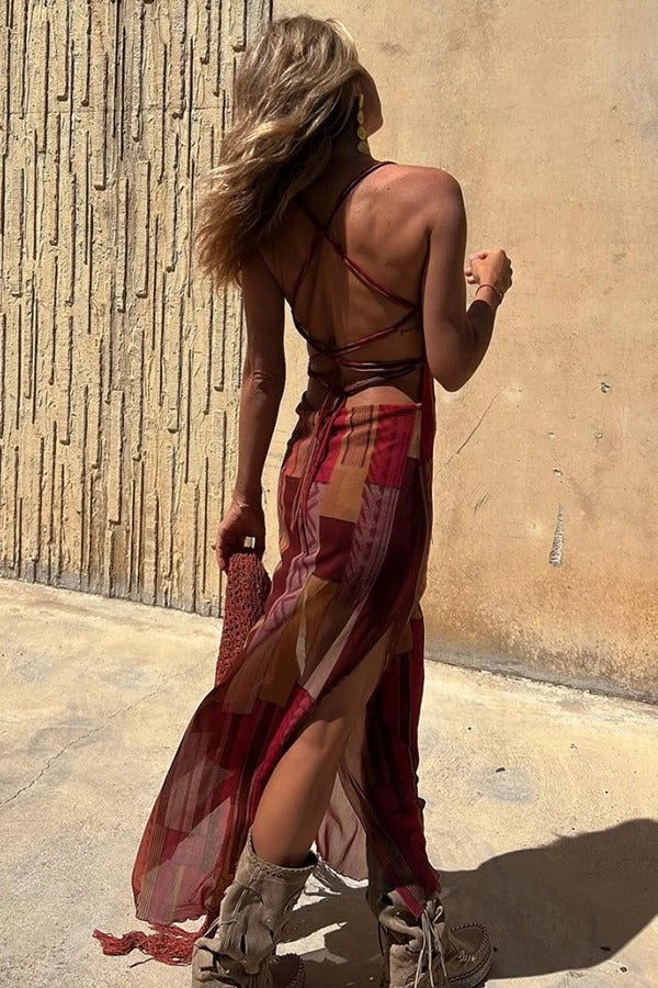 Lynor™ | Unique Print, Loose Neckline & Back Ties Midi Dress