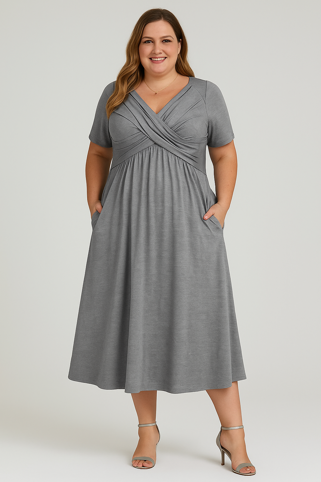 Lynor™ | V-Neck Pleated with Belly Coverage Midi Dress