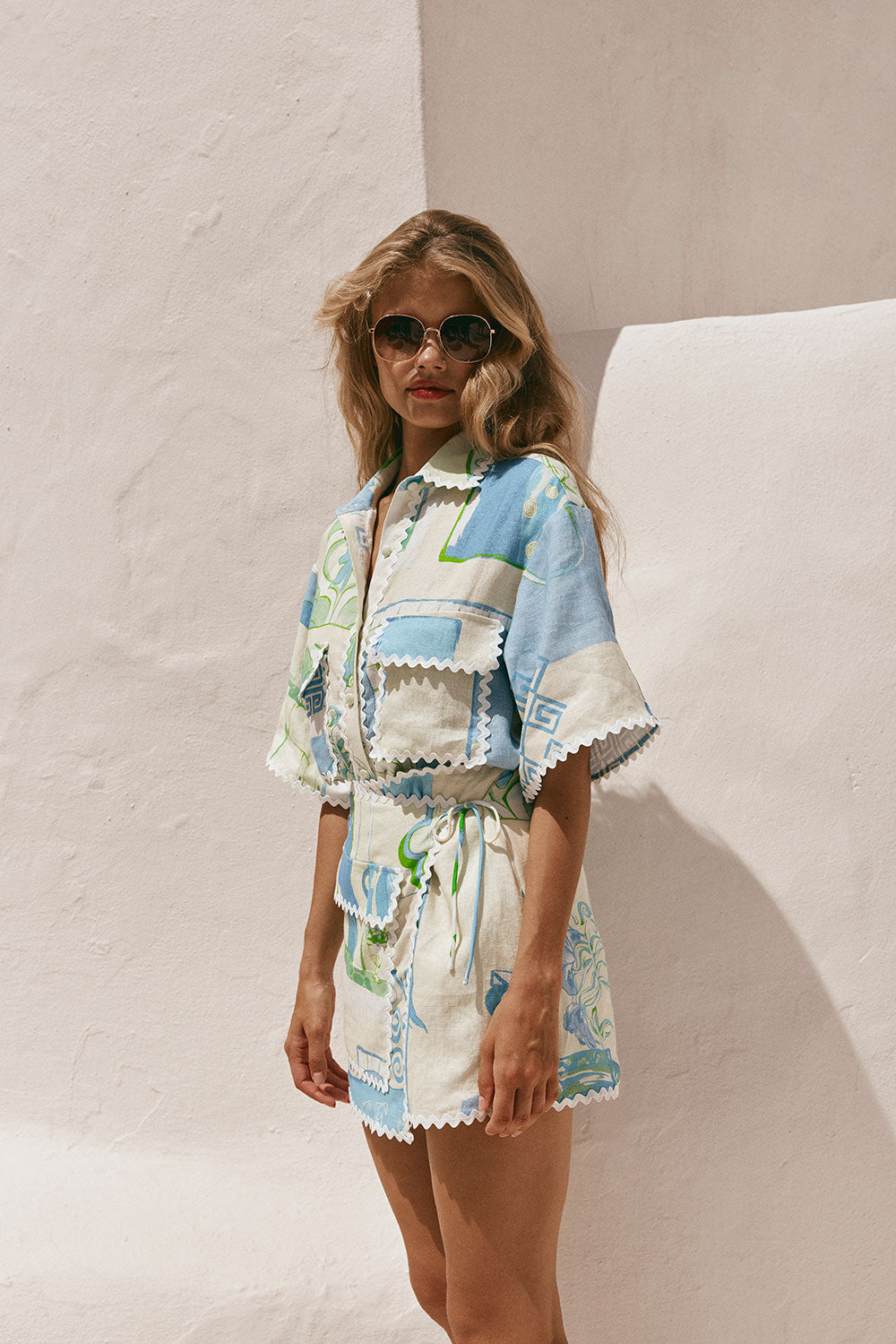 Lynor™ | Printed Short Sleeve Shirt & Mini Skirt Set – Side Knot & Wavy Edges