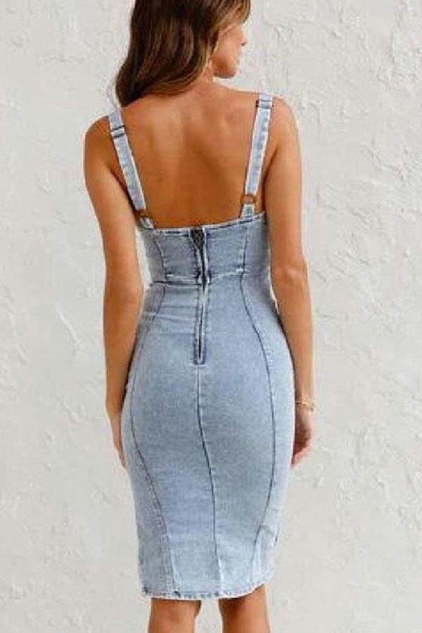 Lynor™ | Denim with Zipper & Front Slit Midi Dress