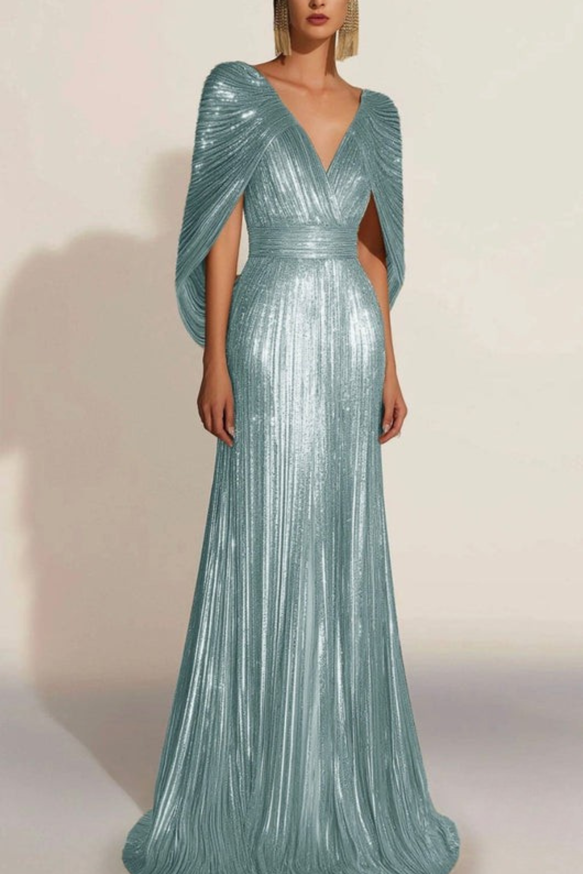 Lynor™ | Golden Pleated Evening Dress with Cape