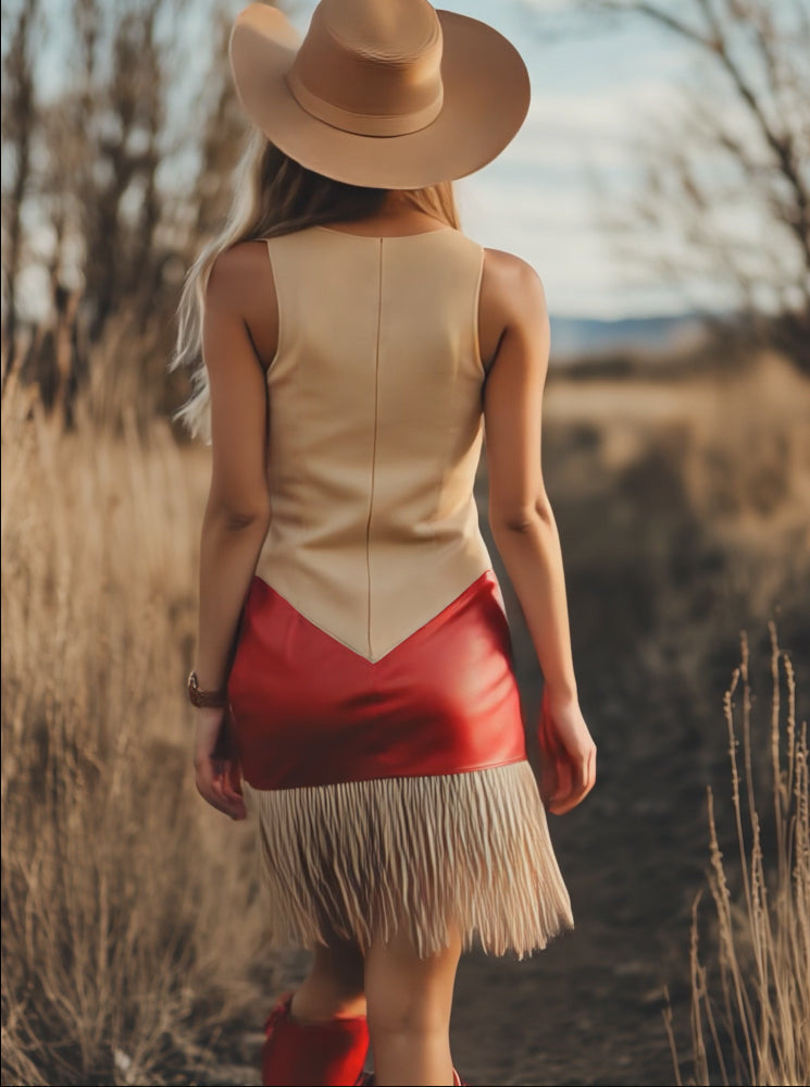 Lynor™ | Elegant Retro Western Contrast Sleeveless Mini Dress with Fringe