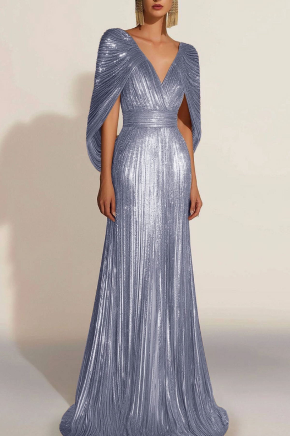 Lynor™ | Golden Pleated Evening Dress with Cape
