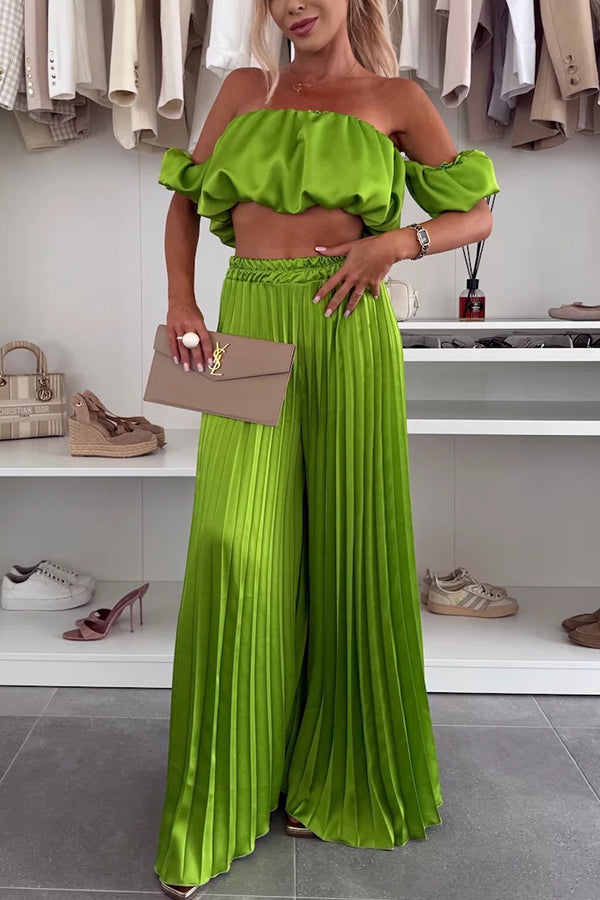 Lynor™ | Elegant Set – Off-Shoulder Crop Top & Wide-Leg Pleated Pants