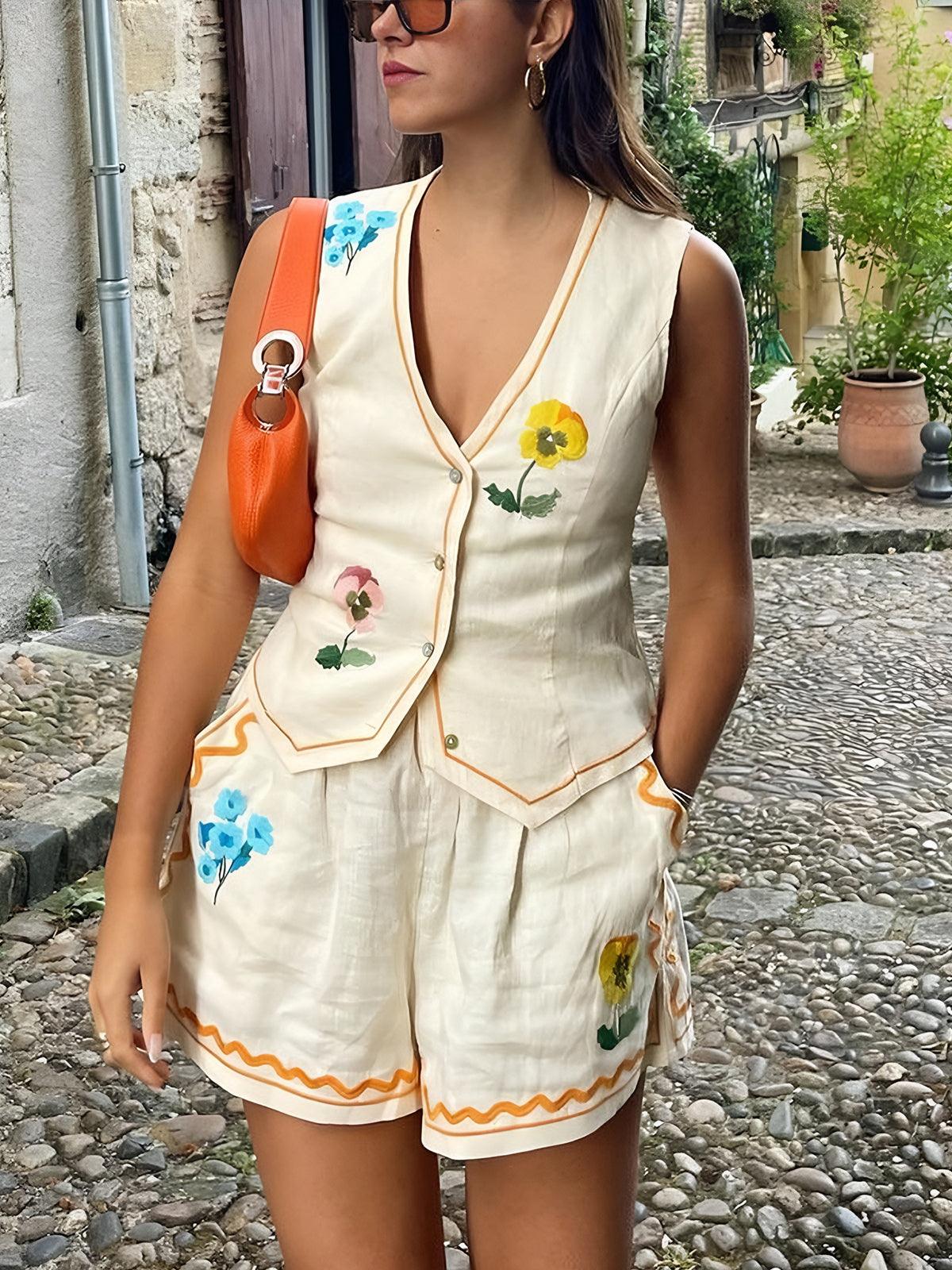 Lynor™ | Floral Vest & Shorts Two-Piece Set