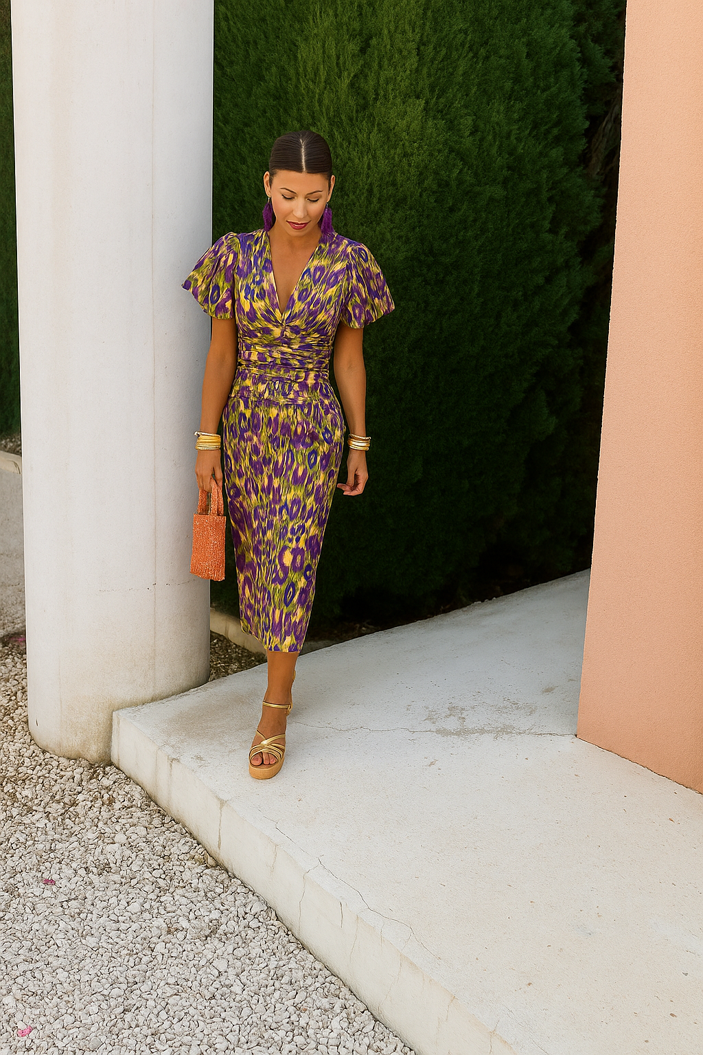 Lynor™ | Colourful Midi Dress with Pleated Sleeves