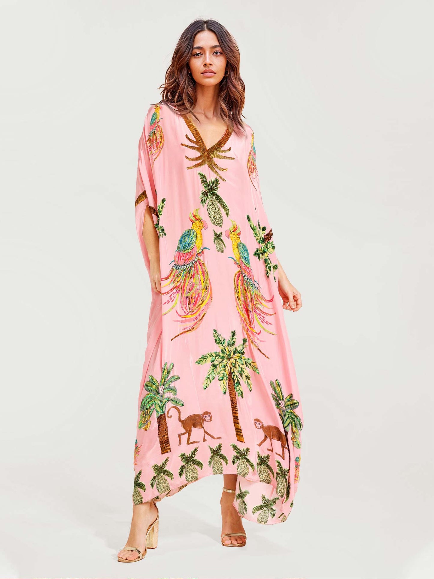 Lynor™ Long Black Dress with Vibrant Tropical Parrot Design