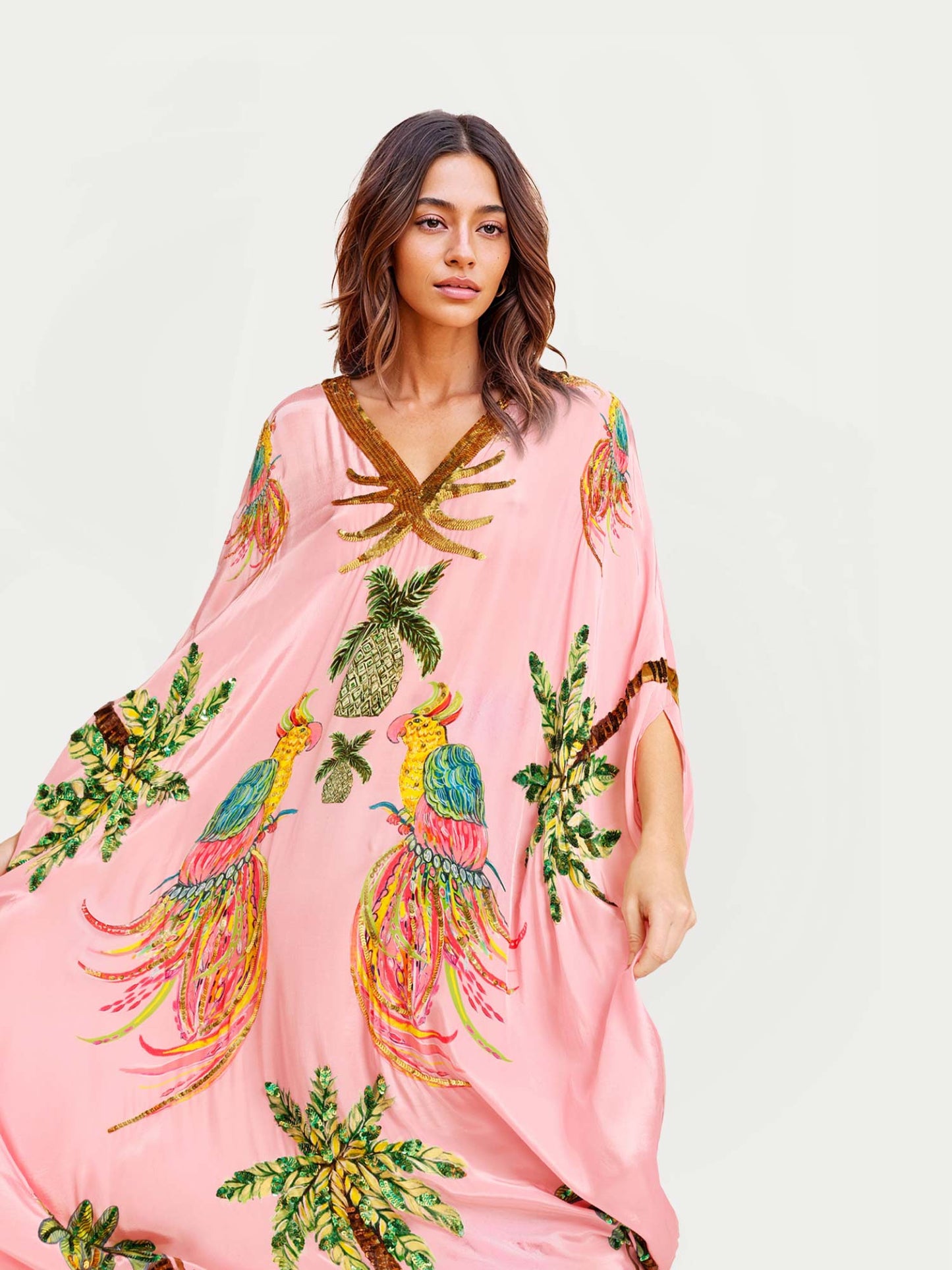 Lynor™ Long Black Dress with Vibrant Tropical Parrot Design
