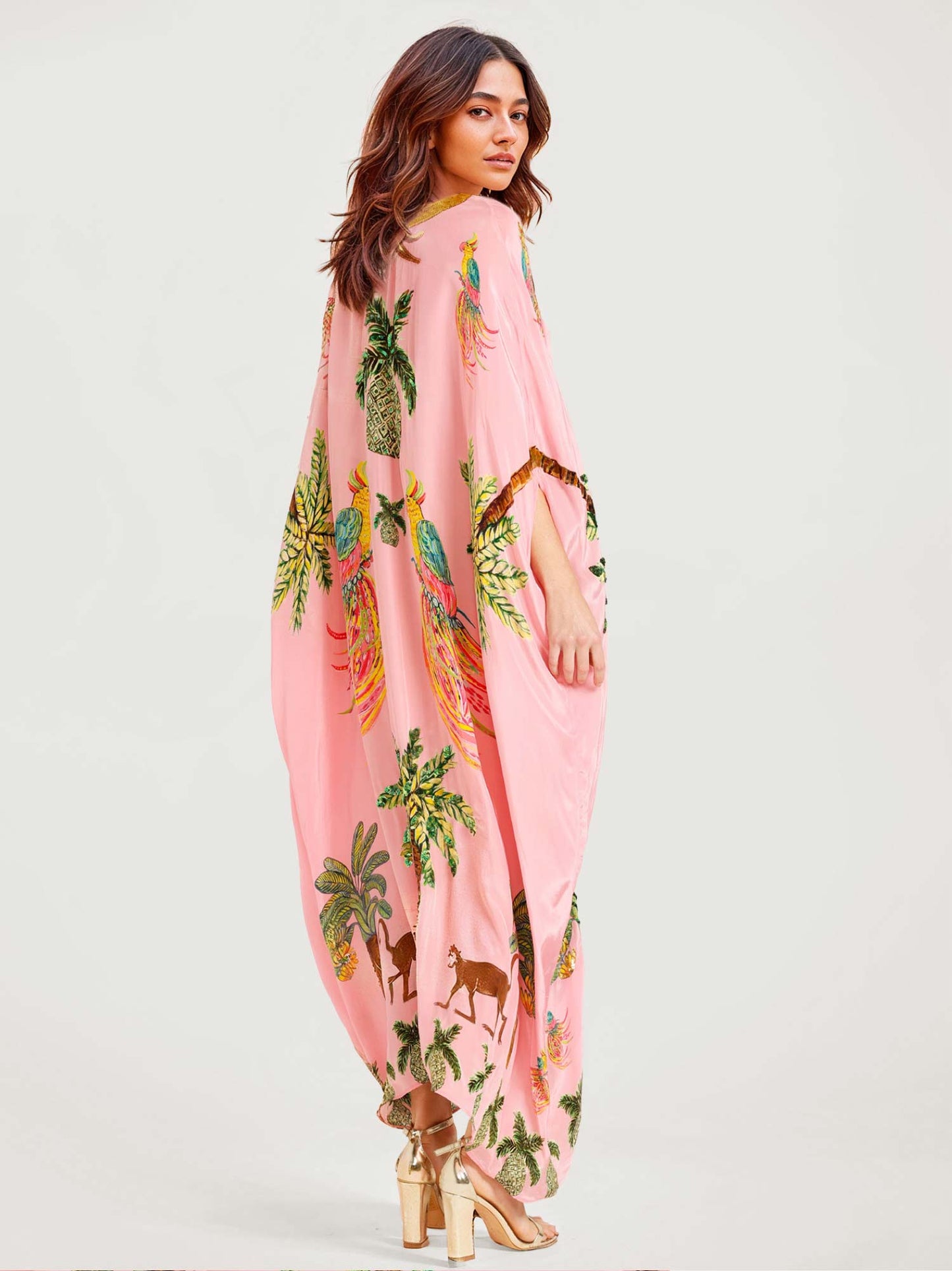 Lynor™ Long Black Dress with Vibrant Tropical Parrot Design
