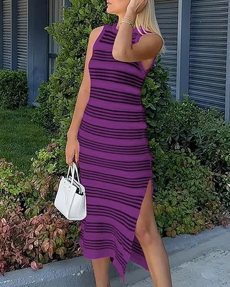 Lynor™ | Striped Sleeveless Midi Dress with Side Slit for Effortless Summer Days