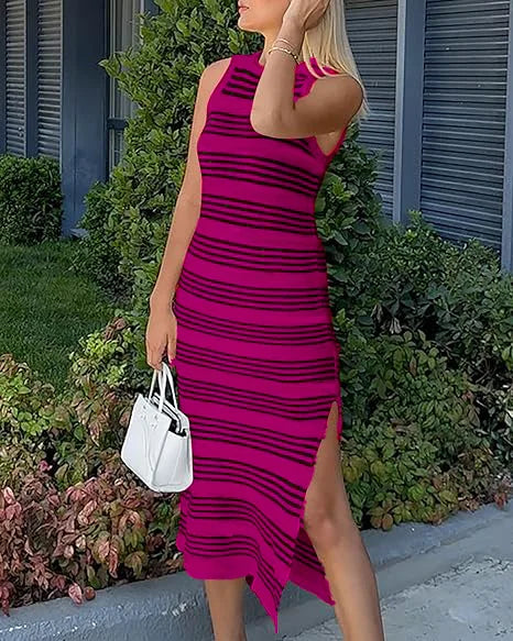 Lynor™ | Striped Sleeveless Midi Dress with Side Slit for Effortless Summer Days