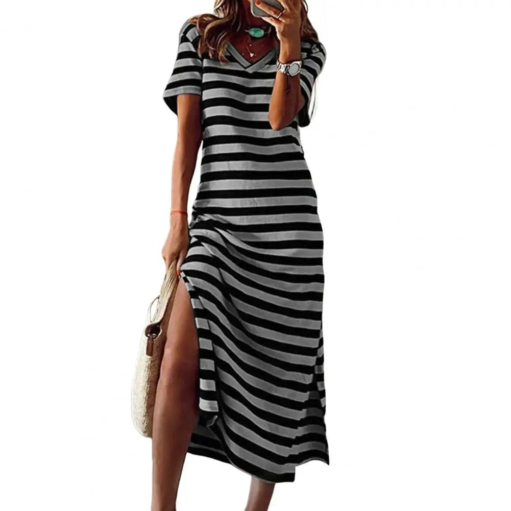 Lynor™ | Striped Bodycon Midi Dress with Side Slit and V-Neckline