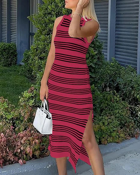 Lynor™ | Striped Sleeveless Midi Dress with Side Slit for Effortless Summer Days
