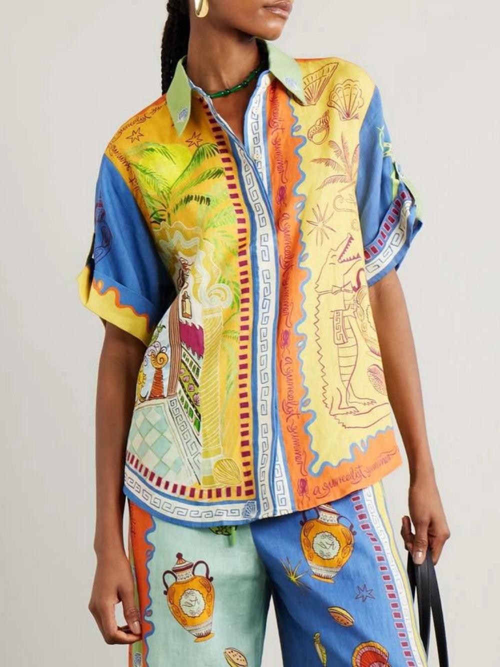 Lynor™ | Loose Short Sleeve Shirt & Printed Pants Two-Piece Set